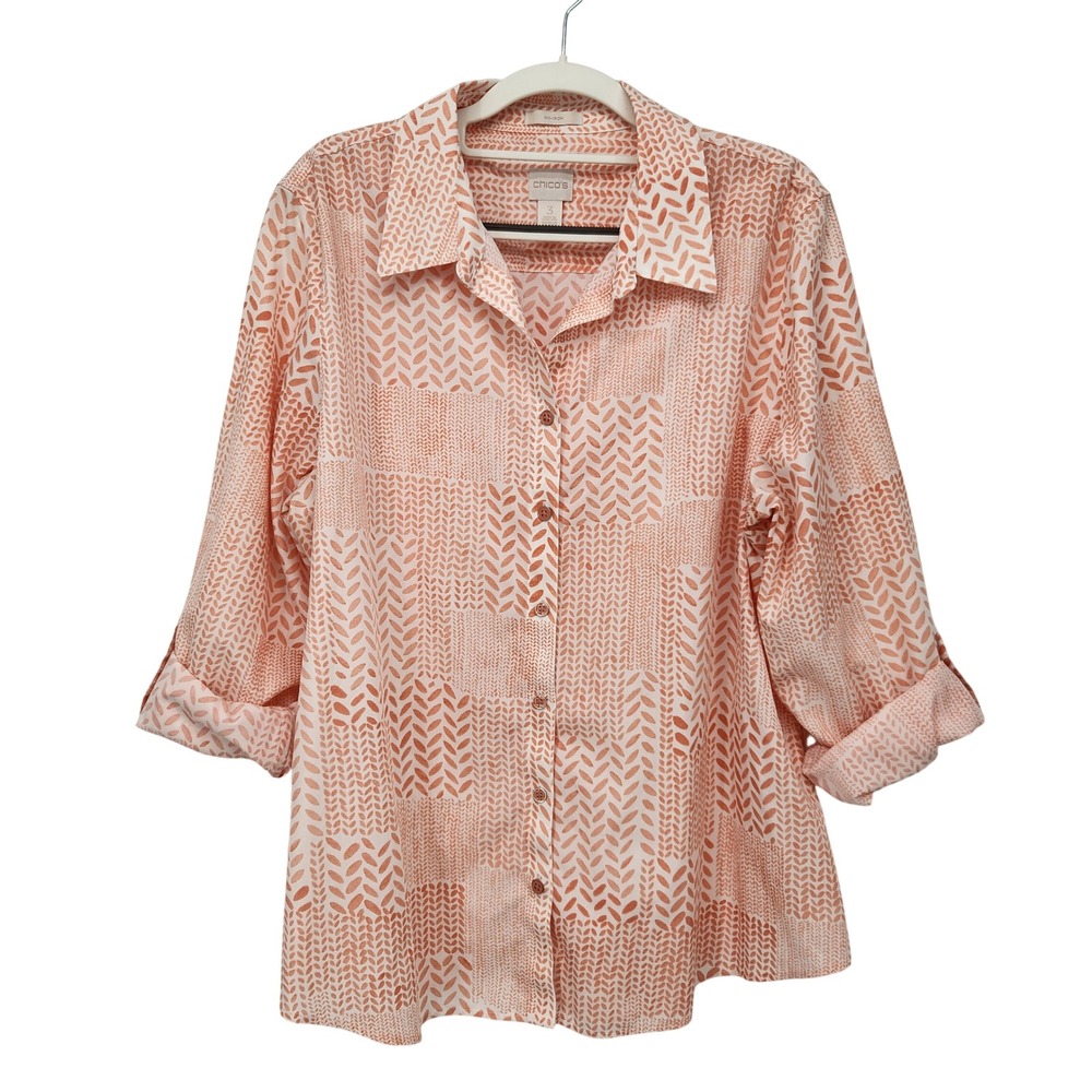 Chicos Non Iron Cotton Button Down Shirt Roll Tab Sleeve Geometric Peach White 3 - Picture 8 of 9